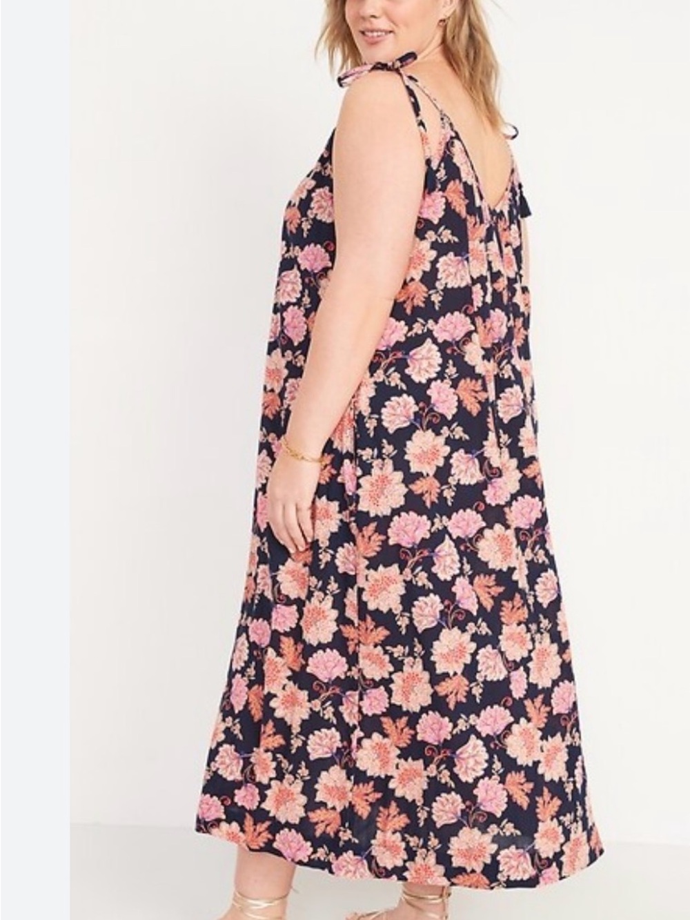 Plus Floral Tie-Shoulder Maxi Dress in Navy and Pink 2x